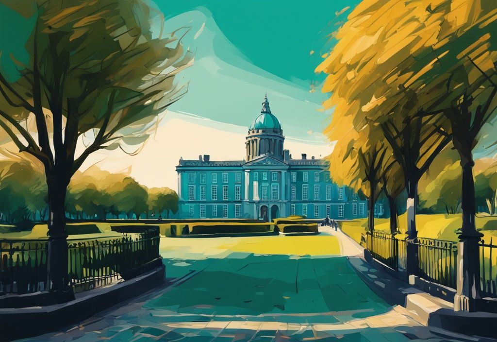 Ilustración digital moderna de Dublín Castle con arquitectura histórica y jardines vibrantes bajo el sol radiante de Irlanda, temática en color teal.