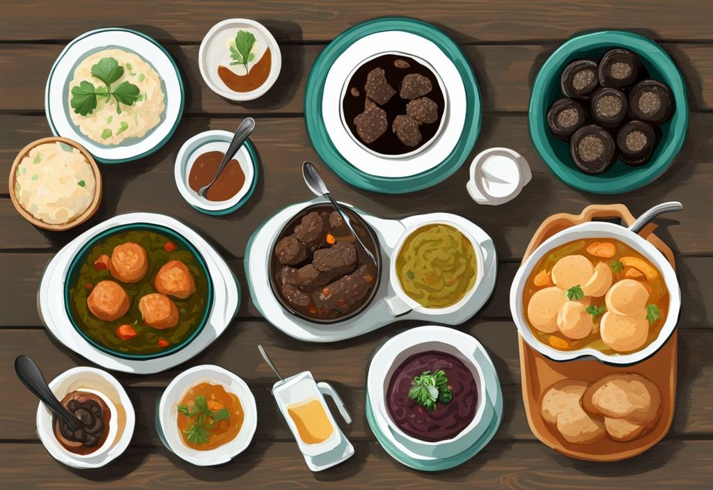 Ilustración digital moderna con cinco platillos típicos de Irlanda: Irish stew, soda bread, black pudding, colcannon y boxty, servidos en una mesa de madera, con un tema de color principal en tonos teal.