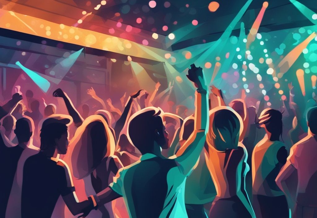 Ilustración digital moderna con tema de color teal, multitudes vibrantes bailando y disfrutando bajo luces de discoteca coloridas en un popular club nocturno de Dublín.