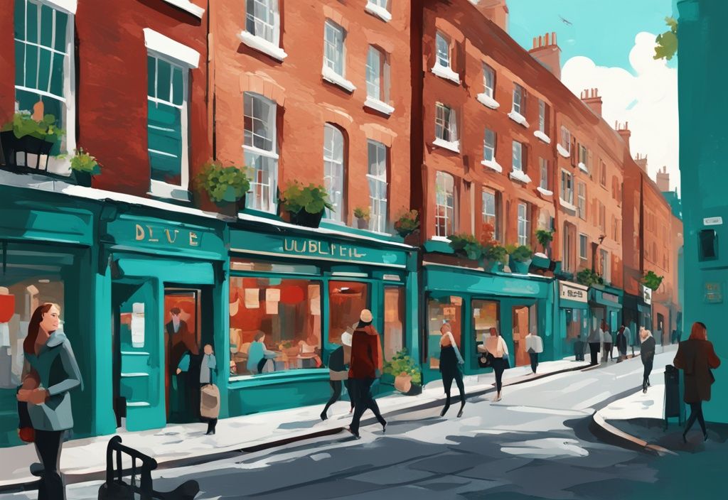 Ilustración digital moderna de un barrio vibrante en Dublín con tema de color teal, mostrando la vida diaria, cafés pintorescos, casas de ladrillo rojo y el río Liffey; vivir en Dublín.