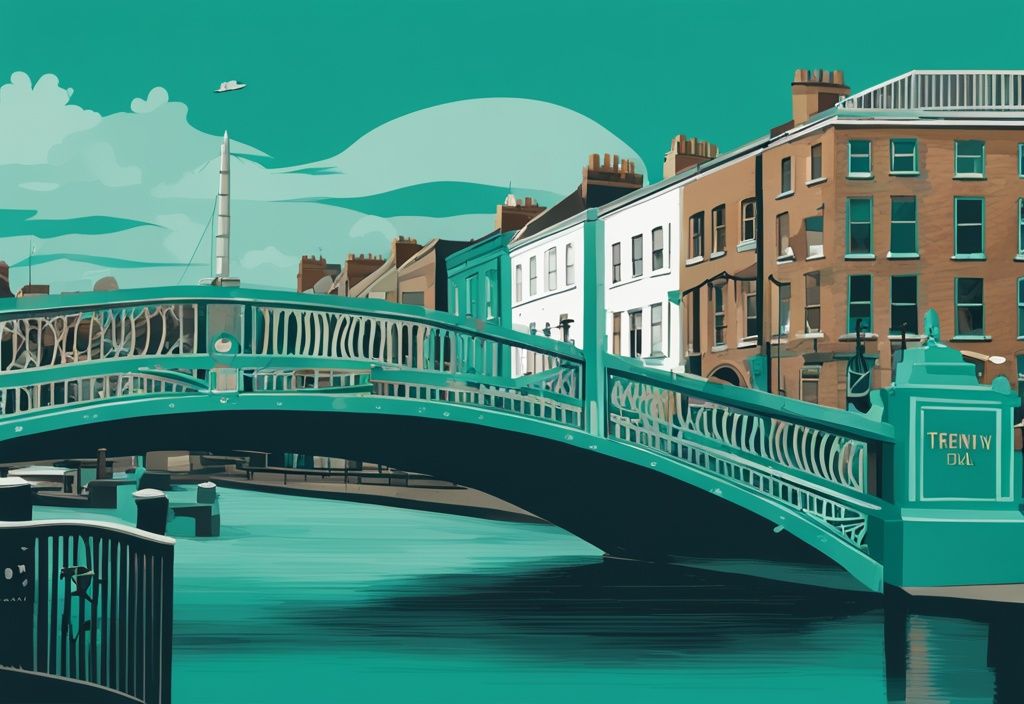 Pintura digital moderna en tonos de teal mostrando panorámica de Dublín en 2 días con Ha'penny Bridge, Trinity College, Guinness Storehouse y Temple Bar.