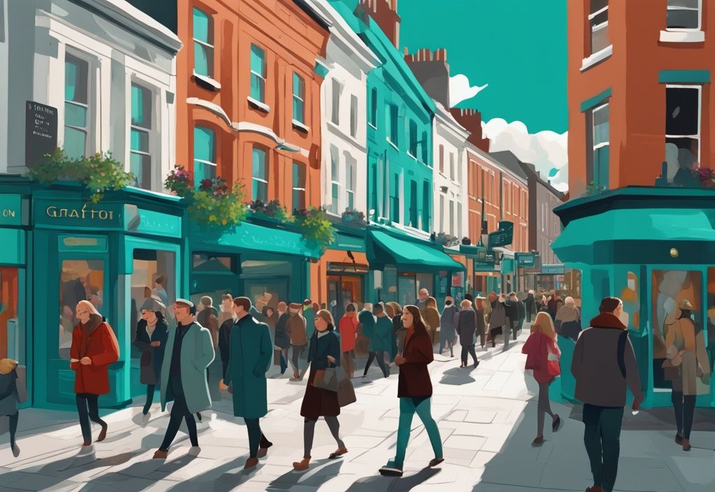 Ilustración digital moderna de Grafton Street en Dublín con tema principal en color teal, mostrando tiendas vibrantes, personas paseando y músicos actuando en la acera.