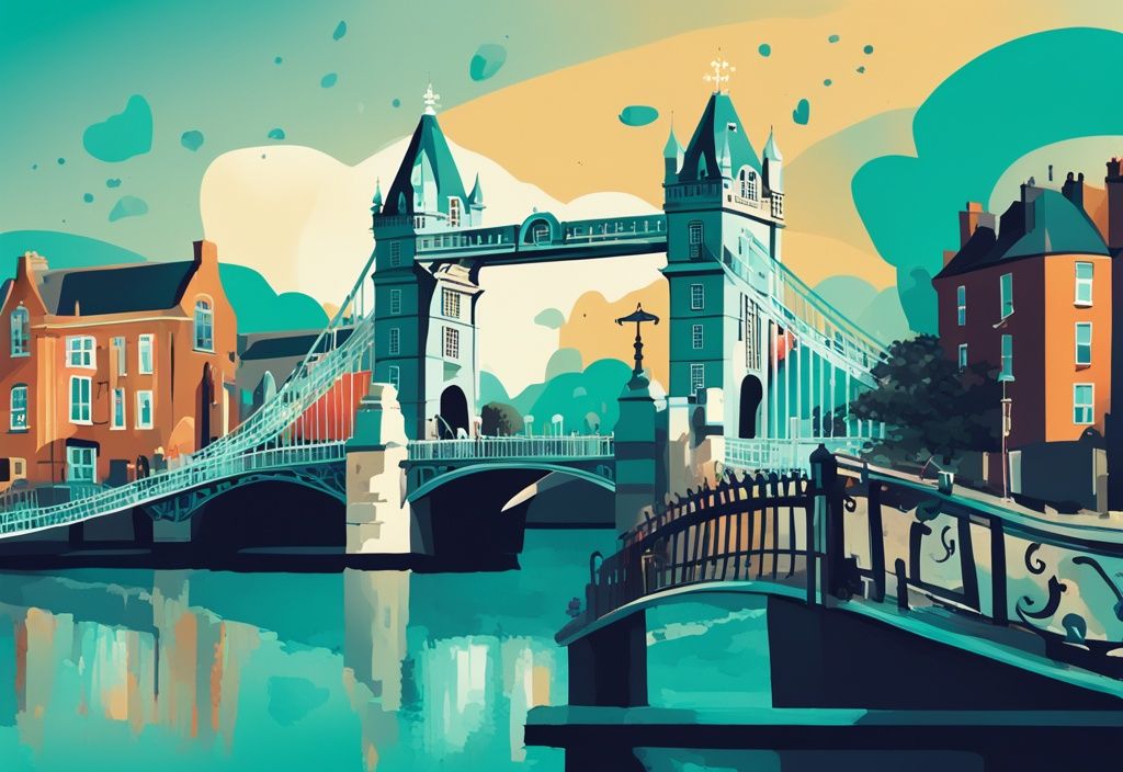 Ilustración digital moderna en tonos teal de un calendario colorido con atracciones icónicas de Dublín como el Ha'penny Bridge y el Castillo de Dublín.