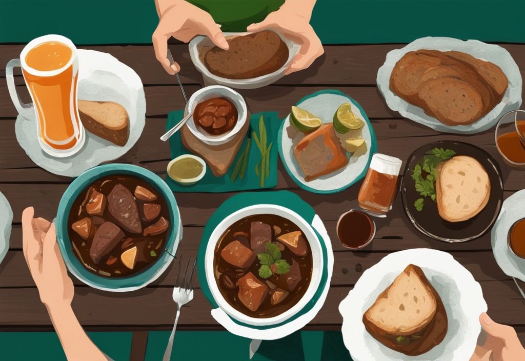 Ilustración digital moderna con tema de color teal, mostrando comida típica irlandesa en una mesa rústica de madera: estofado irlandés, pan de soda y una pinta de cerveza oscura disfrutados por un grupo de amigos.