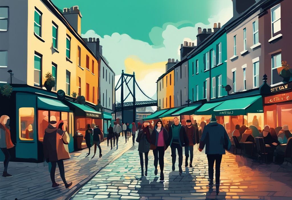 Ilustración digital moderna de la animada escena del distrito Temple Bar en Dublín con turistas explorando calles empedradas, pubs coloridos, restaurantes, el icónico Puente Ha'penny y el río Liffey al fondo. Turismo Dublín.