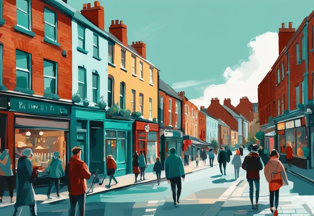 Ilustración digital moderna de un vibrante vecindario en Dublín con temática principal en color teal, mostrando la vida diaria con personas paseando, cafés pintorescos, casas de ladrillo rojo y el río Liffey; reflejando el encanto de vivir en Dublín.