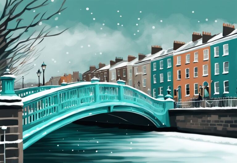 Ilustración digital moderna del Puente Ha'penny en Dublín en febrero, con nieve suave y cielo nublado, predominando el color teal.