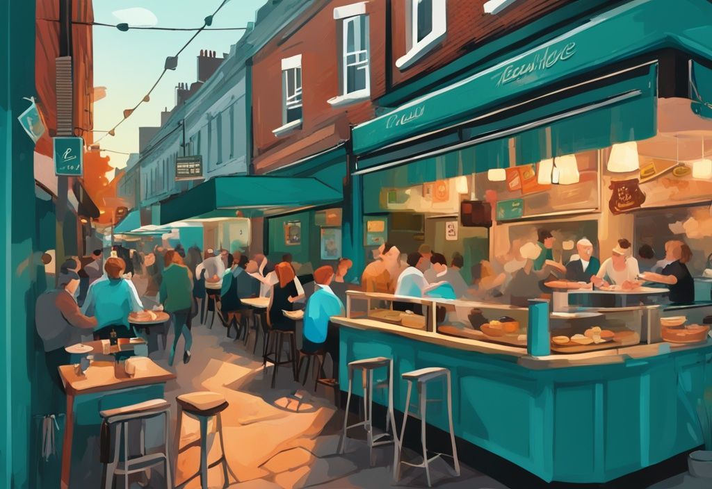 Ilustración digital moderna de un restaurante económico y animado en Dublín, con tema de color teal, donde locales y turistas disfrutan de una variedad de platos.