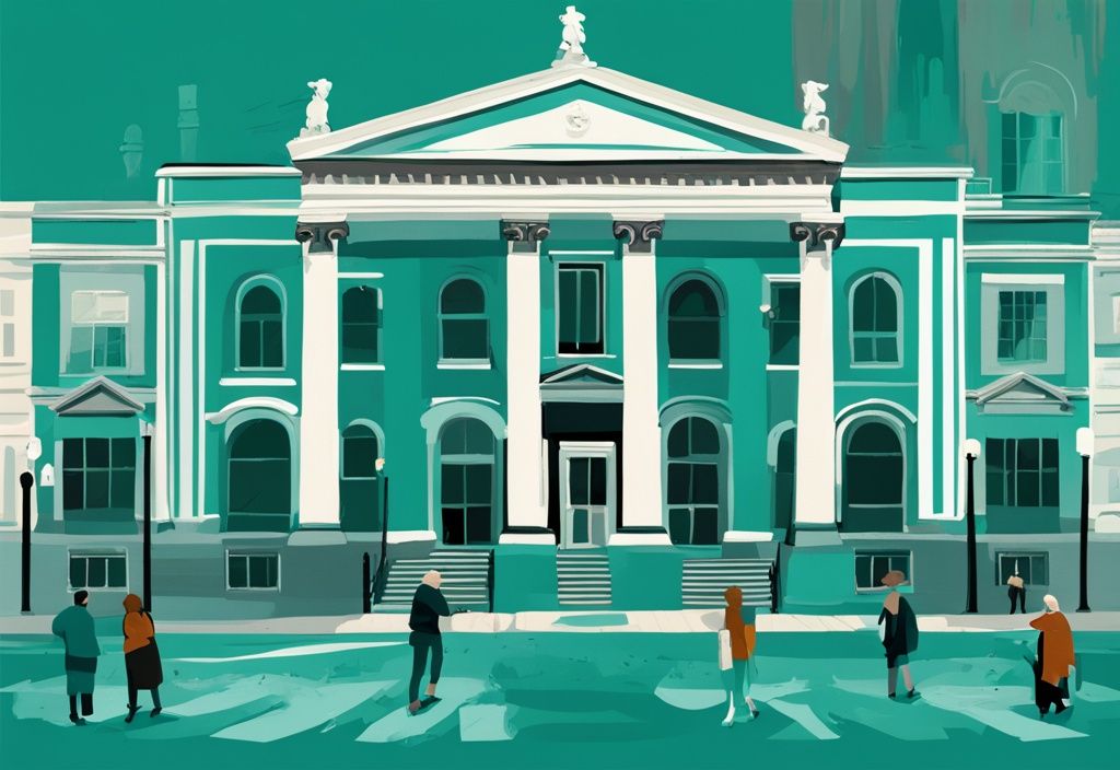 Ilustración digital moderna en tonos teal con un tapiz de museos icónicos de Dublín como el Museo Nacional de Irlanda, el Museo de Escritores de Dublín y el Museo Irlandés de Arte Moderno.