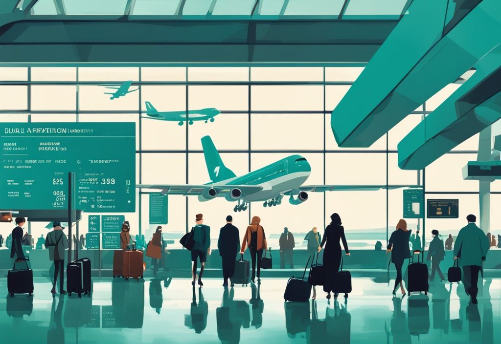 Ilustración digital moderna del aeropuerto Dublín con viajeros y maletas, paneles de información de vuelos y aviones en la pista, tema de color principal: teal.