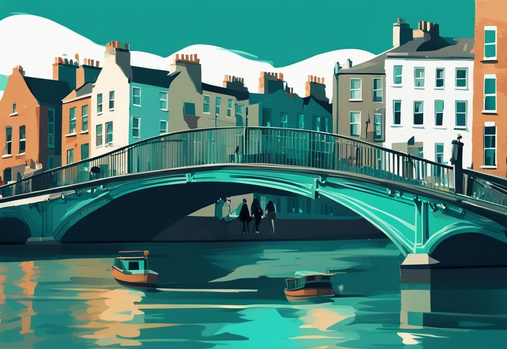 Ilustración digital moderna de Dublín con puente Ha'penny y castillo de Dublín en tonos de color teal y turistas explorando la ciudad.