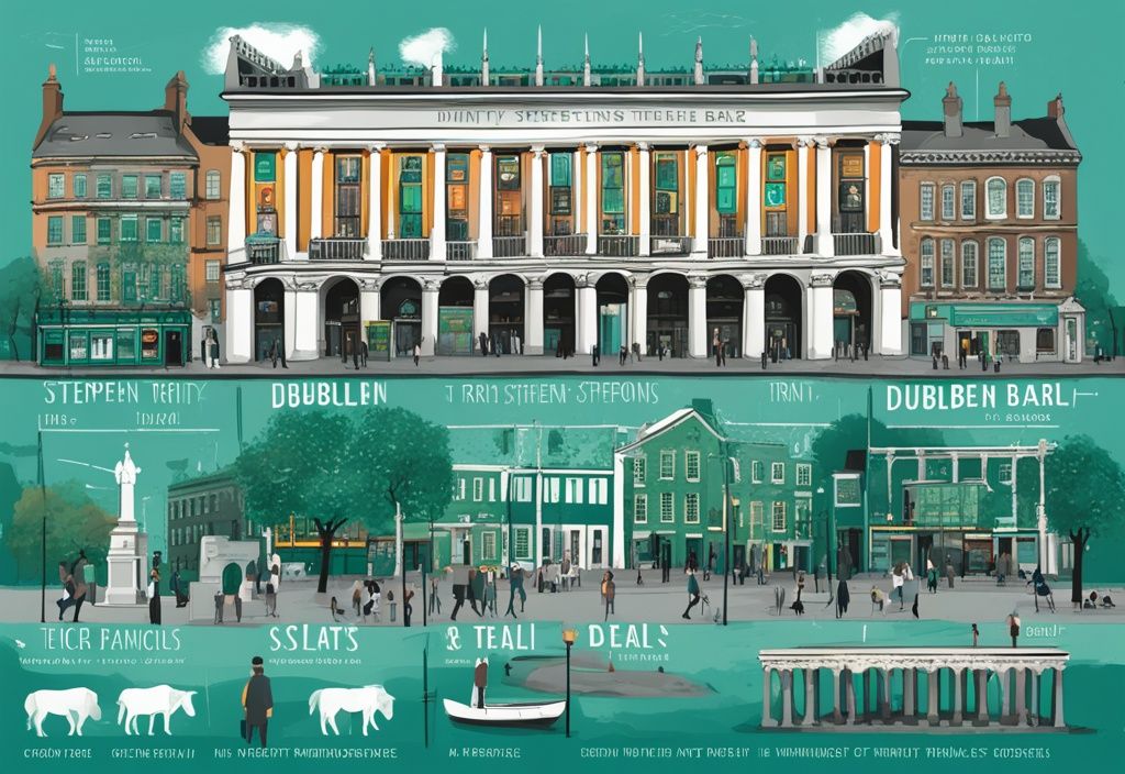 Ilustración digital moderna con tema de color teal, mostrando una línea de tiempo con atracciones clave en Dublín como Temple Bar, St. Stephen's Green y Trinity College, marcadas en diferentes días. Ideal para responder en cuantos dias se ve dublin.