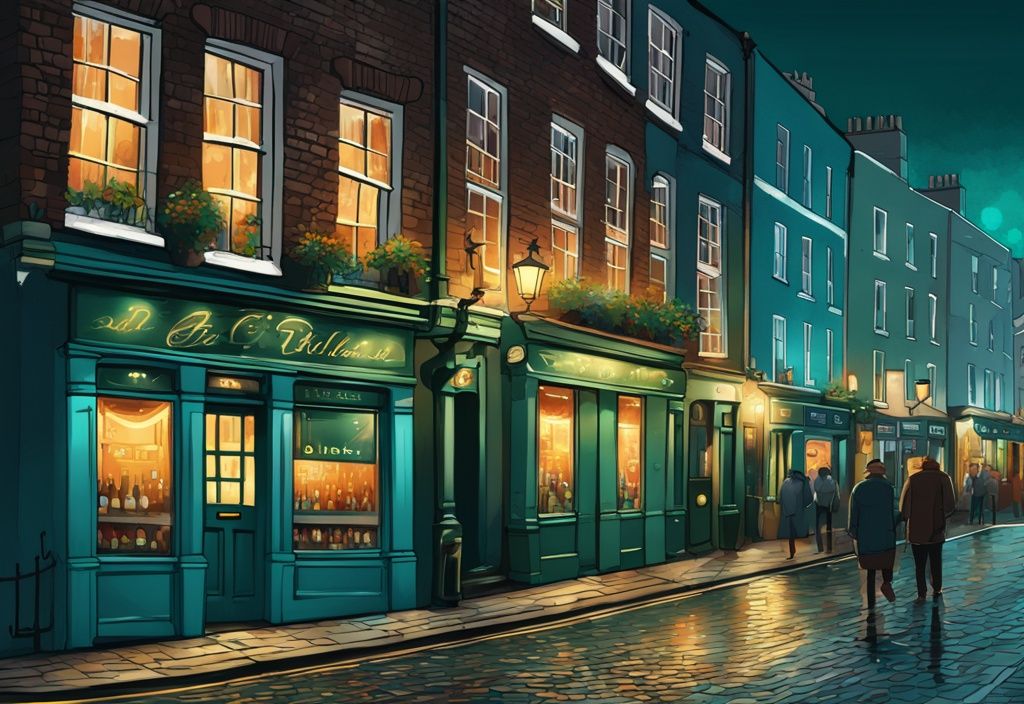 Ilustración digital moderna de una escena nocturna animada en las calles adoquinadas de Dublín, con luces vibrantes de pubs locales y destacando la majestuosa arquitectura de la ciudad, en tonos de color teal.