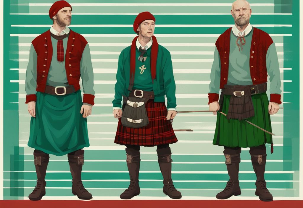 Ilustración digital moderna con tema principal en color teal, imagen desvanecida de ropa tradicional irlandesa como suéter Aran y kilt, tachada en rojo para simbolizar ropa prohibida en Irlanda.