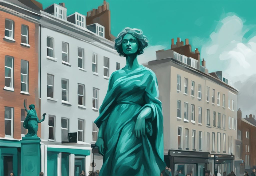 Ilustración digital moderna en tonos teal de una estatua de una mujer resiliente de Dublín en una plaza concurrida bajo un cielo parcialmente nublado.