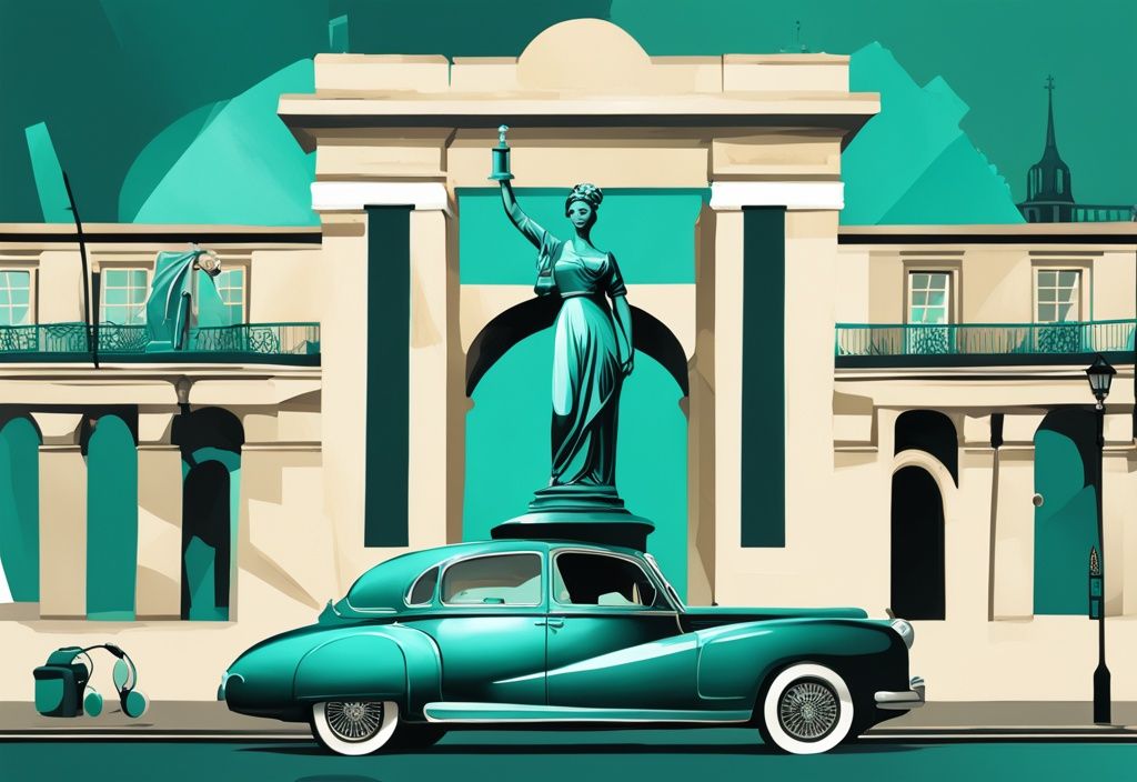 Ilustración digital moderna de Dublín con la estatua de Molly Malone y el Puente Ha'penny, junto a símbolos de lujo como coches extravagantes, joyas de diamantes y champán, en tonos de color teal.