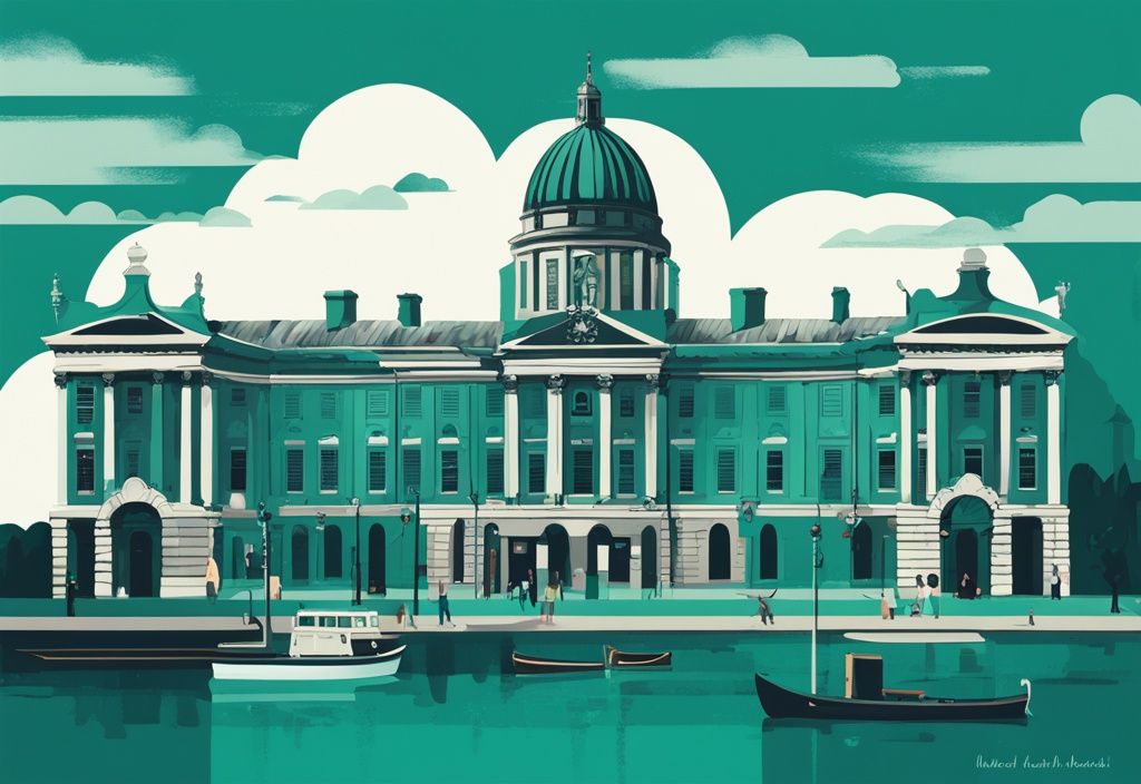 Ilustración digital moderna con tema en color teal que muestra una variedad de museos icónicos de Dublín como el Museo Nacional de Irlanda, el Museo de Escritores de Dublín y el Museo Irlandés de Arte Moderno.