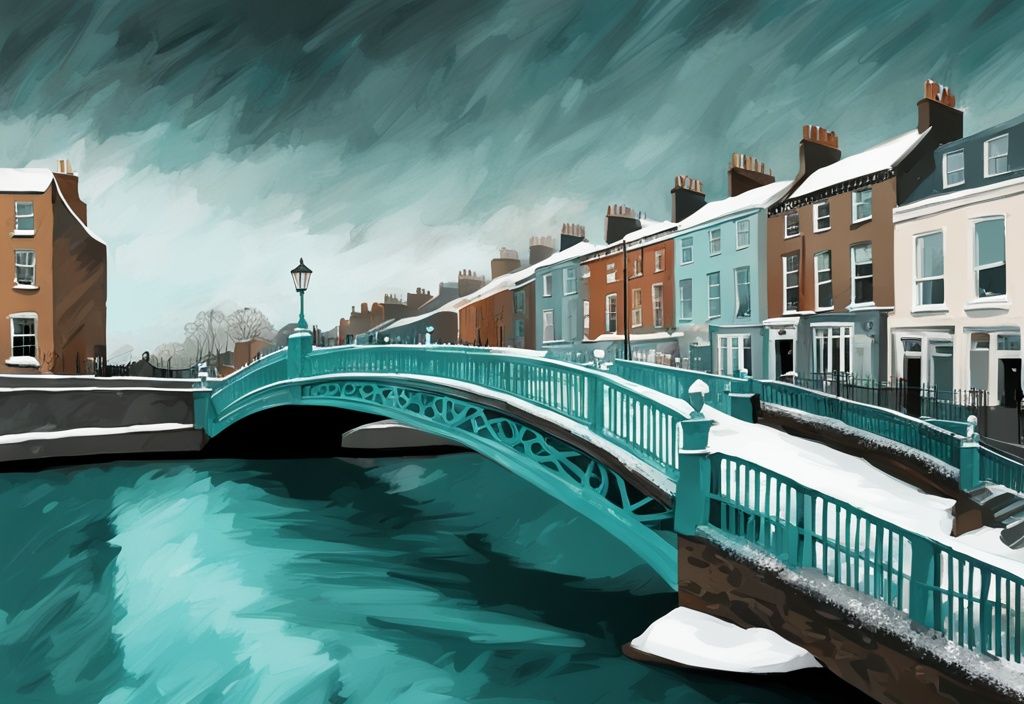 Pintura digital moderna del Puente Ha'penny de Dublín cubierto de nieve suave bajo un cielo nublado en febrero, dublin en febrero.