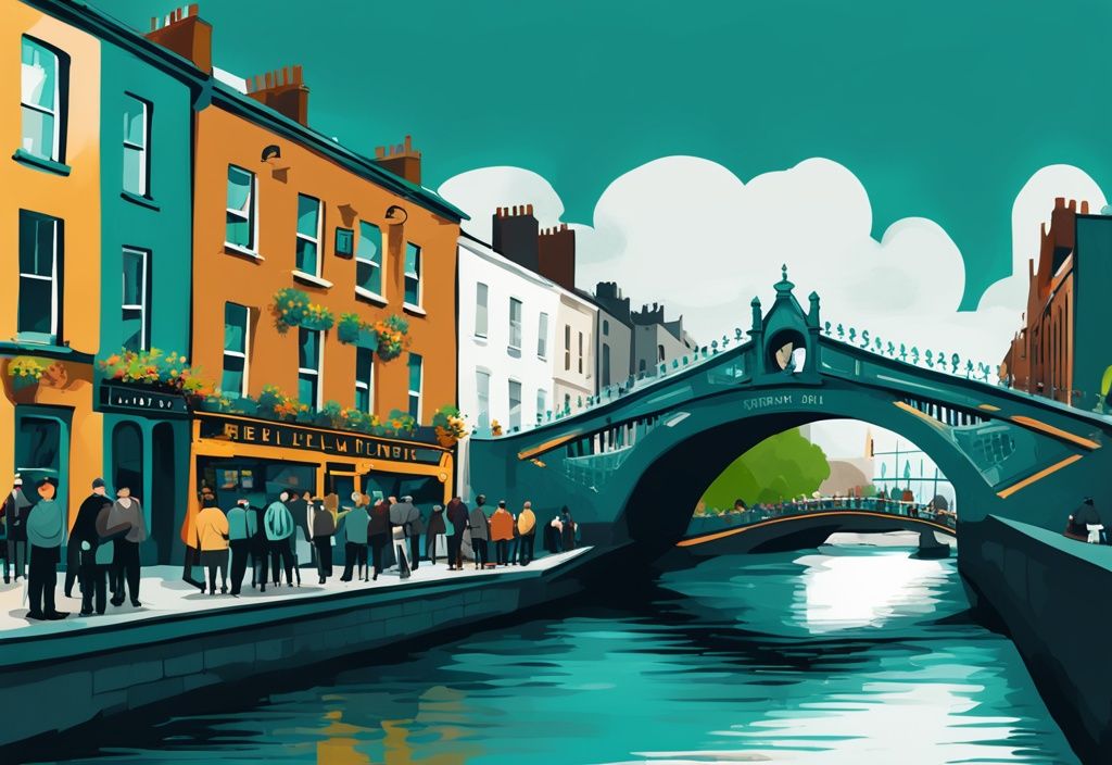 Ilustración digital moderna del distrito Temple Bar en Dublín, con turistas, el Puente Ha'penny y el río Liffey al fondo, dublin turismo que ver.