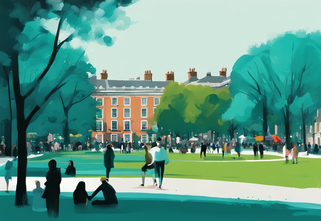 Ilustración digital moderna de Merrion Square Dublin con tema de color teal, mostrando personas disfrutando del parque y edificios georgianos históricos de fondo.