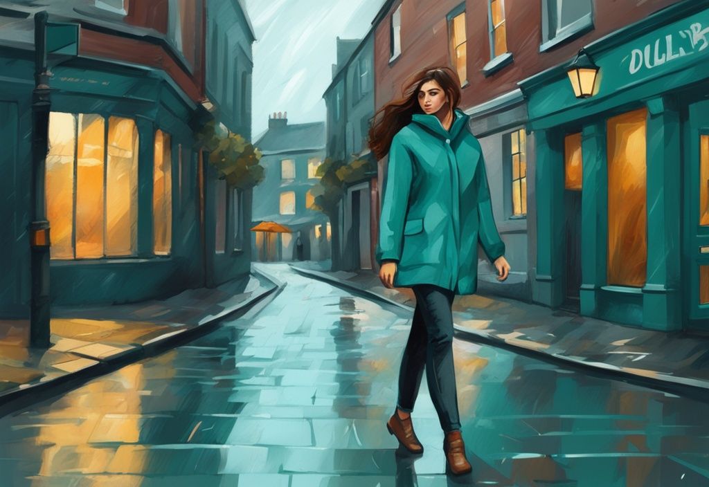 Ilustración digital moderna de una mujer con ropa adecuada para Irlanda en julio: chaqueta ligera, jeans y top transpirable, caminando por una calle empedrada en Dublín. Palabra clave: que ropa llevar a irlanda en julio.