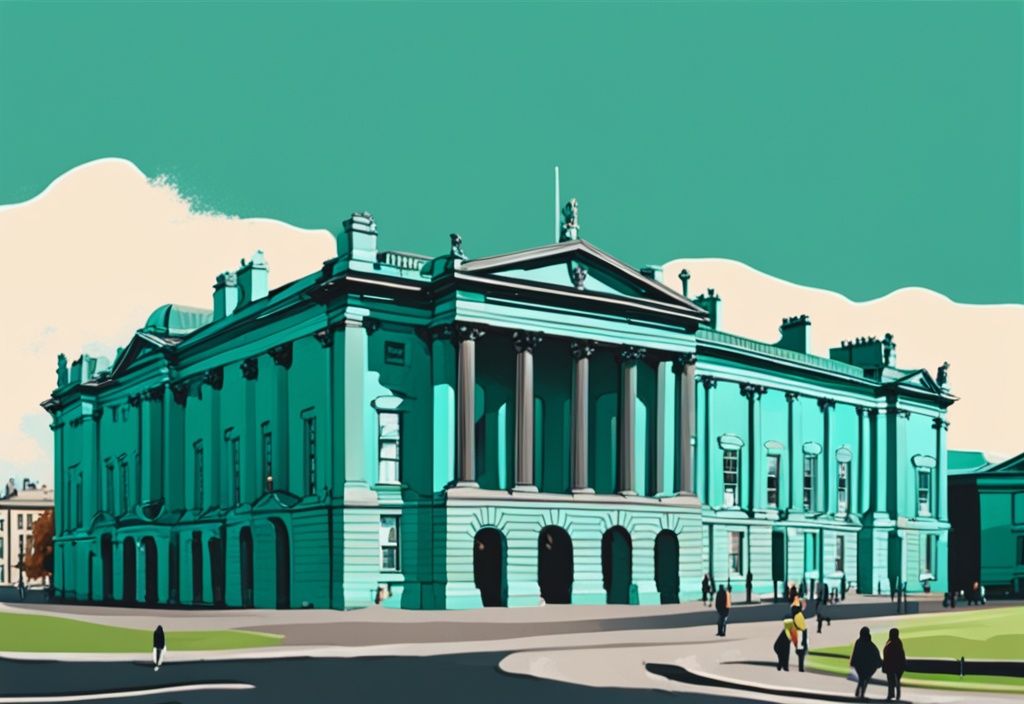 Ilustración digital moderna del Museo Nacional de Irlanda en Dublín en un día soleado, con tema de color principal en tonos teal - museos dublin.