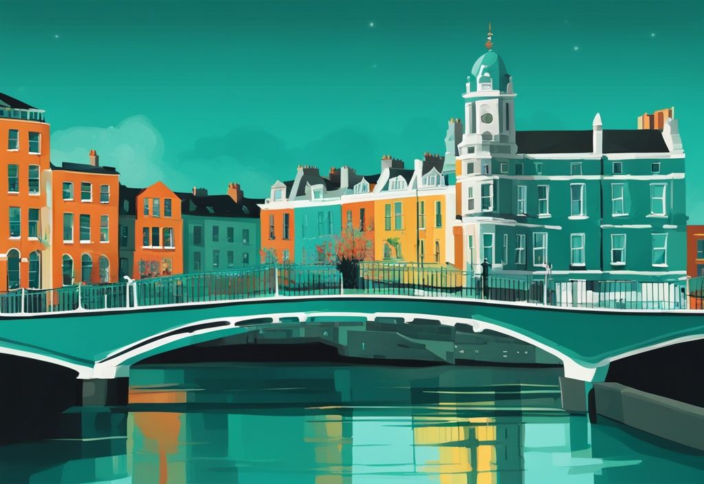 Ilustración digital moderna con tema de color teal, calendario colorido con atracciones icónicas de Dublín como el Puente Ha'penny y el Castillo de Dublín.