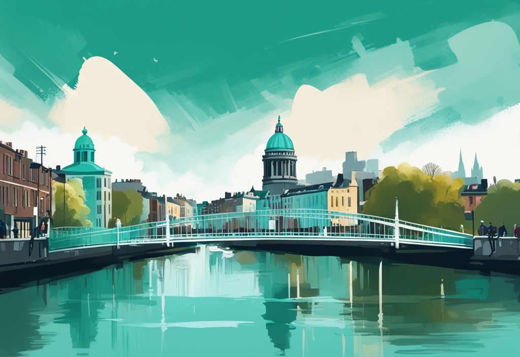 Ilustración digital moderna de Dublín con el Puente Ha'penny y el Castillo de Dublín bajo un cielo claro en un día soleado de primavera, color principal teal.