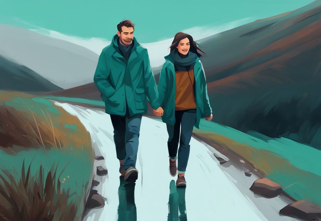 Pareja explorando el campo irlandés en septiembre, hombre con chaqueta impermeable y mujer con suéter y jeans, ejemplo de que ropa llevar a irlanda en septiembre.