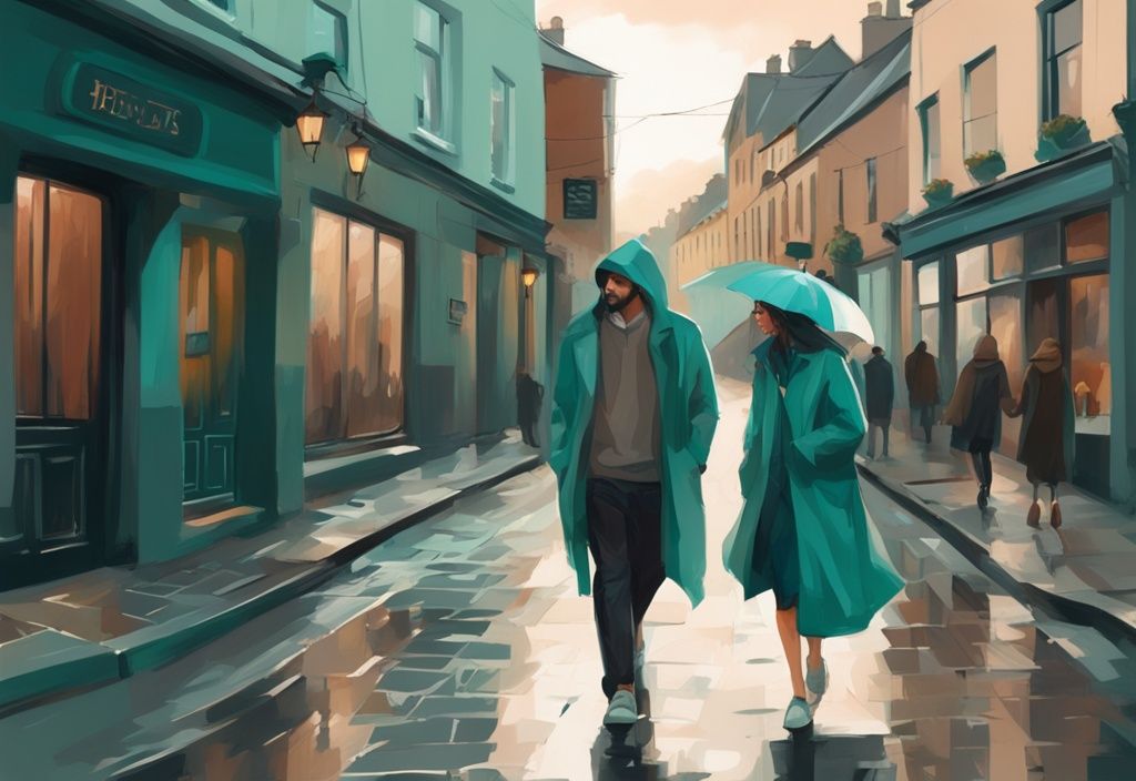 Pareja casualmente vestida caminando por una calle adoquinada en Irlanda, mostrando que ropa llevar a Irlanda en agosto: mujer con suéter ligero y falda larga, hombre con camisetas en capas y chaqueta impermeable, ambos con zapatos cómodos.