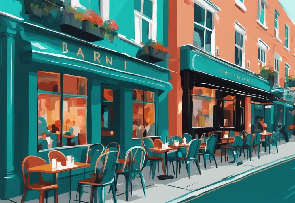 Ilustración digital moderna de una calle vibrante en Dublín con restaurantes diversos y económicos; donde comer barato en Dublin.