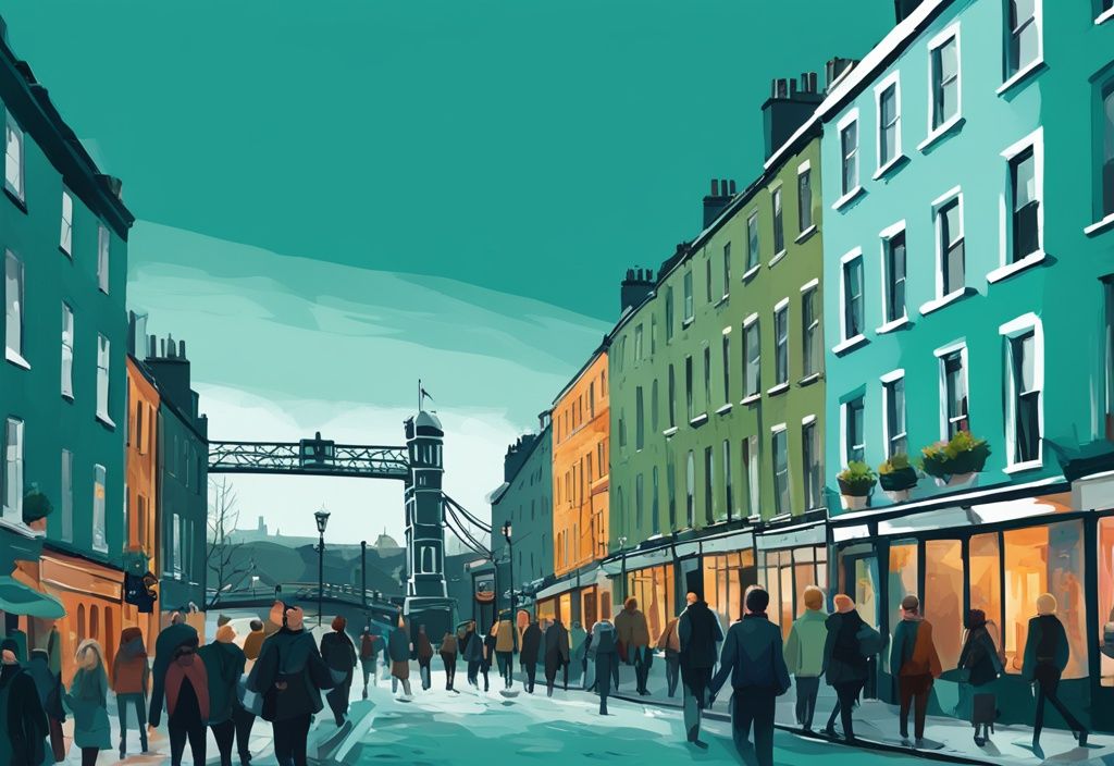 Ilustración digital moderna de una calle bulliciosa de Dublín con puertas georgianas coloridas, el famoso Puente Ha'penny y el río Liffey al fondo; ideal para quienes desean visitar Dublín.