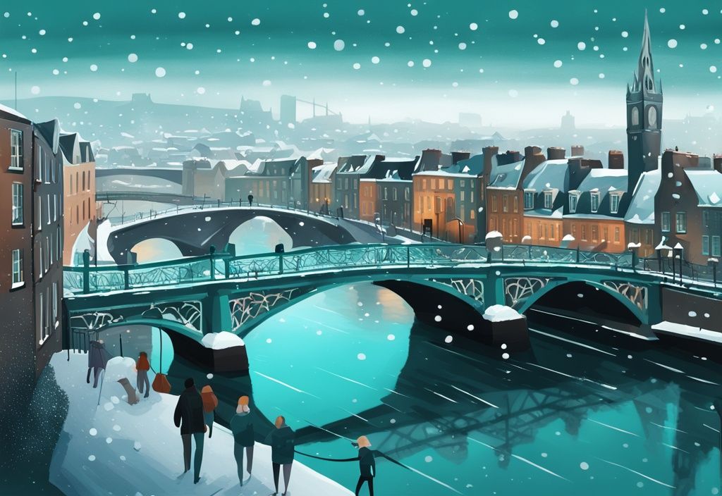 Ilustración digital moderna de Dublín en invierno con nieve, mostrando el Puente Ha'penny y el Castillo de Dublín en tonos de color teal.