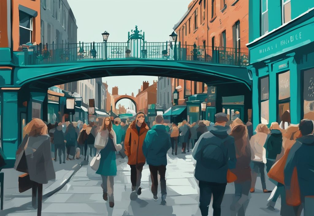 Ilustración digital moderna de una calle concurrida en Dublín con la temática principal en color teal, mostrando el Puente Ha'Penny y Temple Bar al fondo.