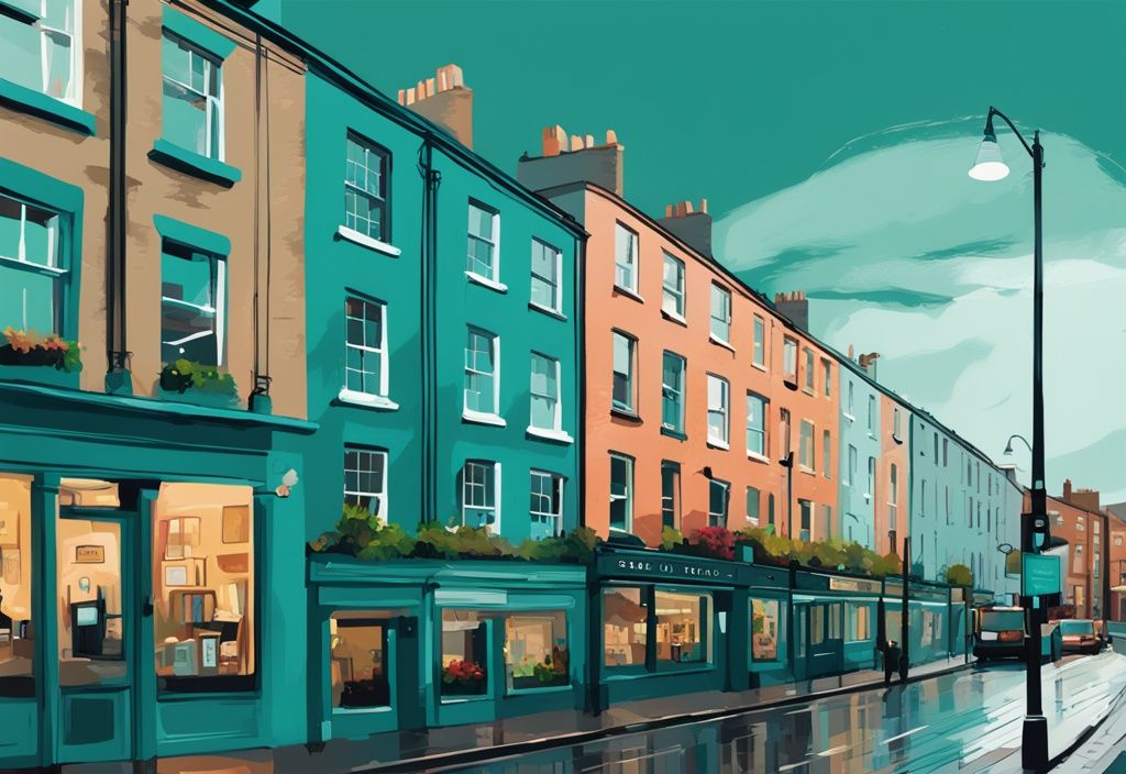 Ilustración digital moderna en tonos teal de una vista pintoresca de Dublín, destacando alojamientos populares de diferentes rangos de precios y ubicaciones, ideal para quienes buscan donde alojarse en dublin.