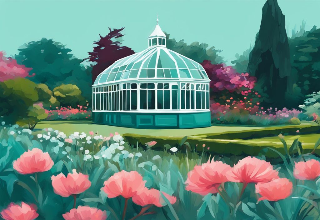 Ilustración digital moderna de un paisaje sereno con flores vibrantes y vegetación exuberante en el Jardín Botánico de Dublín, con un invernadero victoriano al fondo y tema de color principal en tonos de verde azulado.