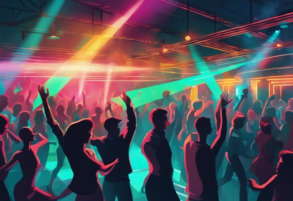 Ilustración digital moderna de una multitud vibrante bailando bajo luces de discoteca coloridas en un popular club nocturno de Dublín, con tema principal en color turquesa.