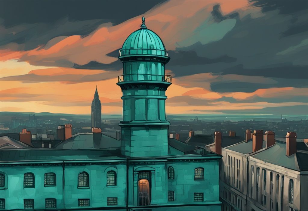 Ilustración digital moderna de la cárcel de Dublín con temática de color teal, estructura histórica de piedra bajo un cielo dramático y el horizonte de la ciudad al fondo.