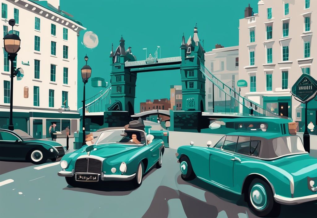 Ilustración digital moderna de Dublín con estatua de Molly Malone y puente Ha'penny, junto a símbolos de lujo como coches extravagantes, joyas de diamantes y champán, en tonos de color verde azulado.