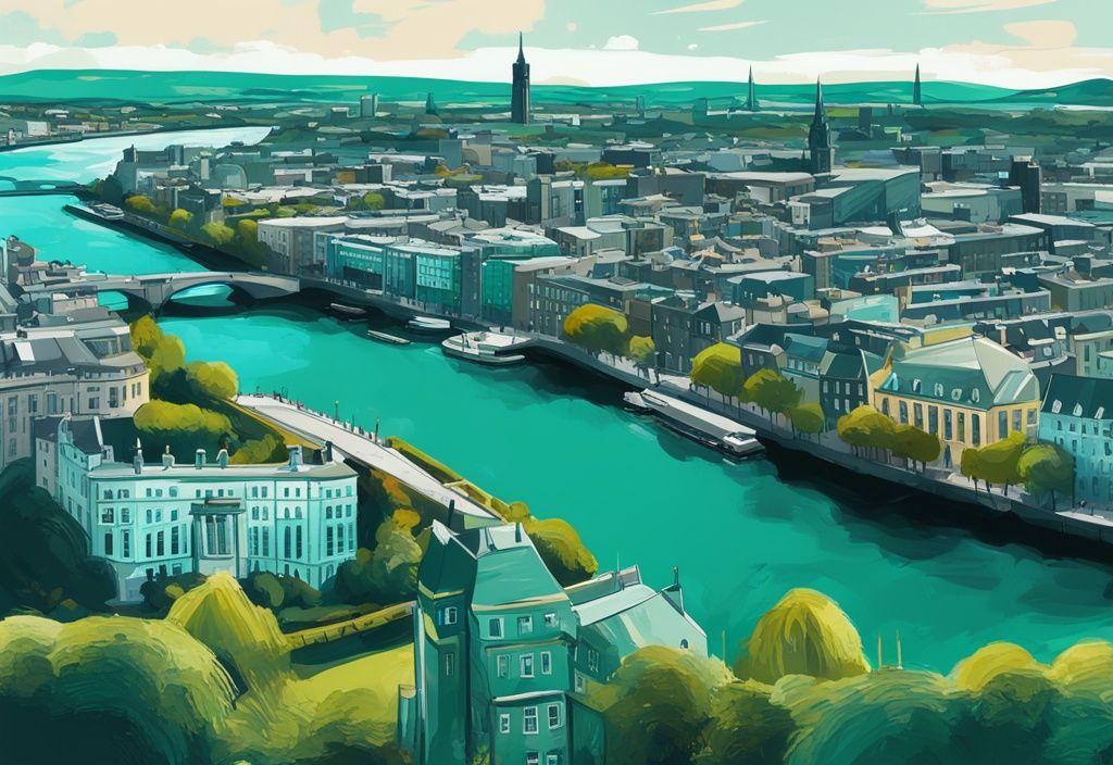 Ilustración digital moderna de Dublín con temática en color turquesa, mostrando la ciudad con su paisaje urbano contemporáneo, parques verdes y el río Liffey.