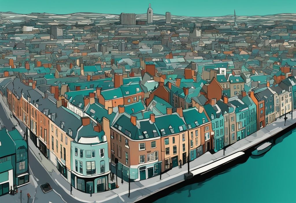 Ilustración digital moderna de Dublín con tema en color teal, mostrando barrios desde apartamentos modernos en el centro hasta casas tradicionales y parques en los suburbios, ideal para quienes buscan donde vivir en Dublín.