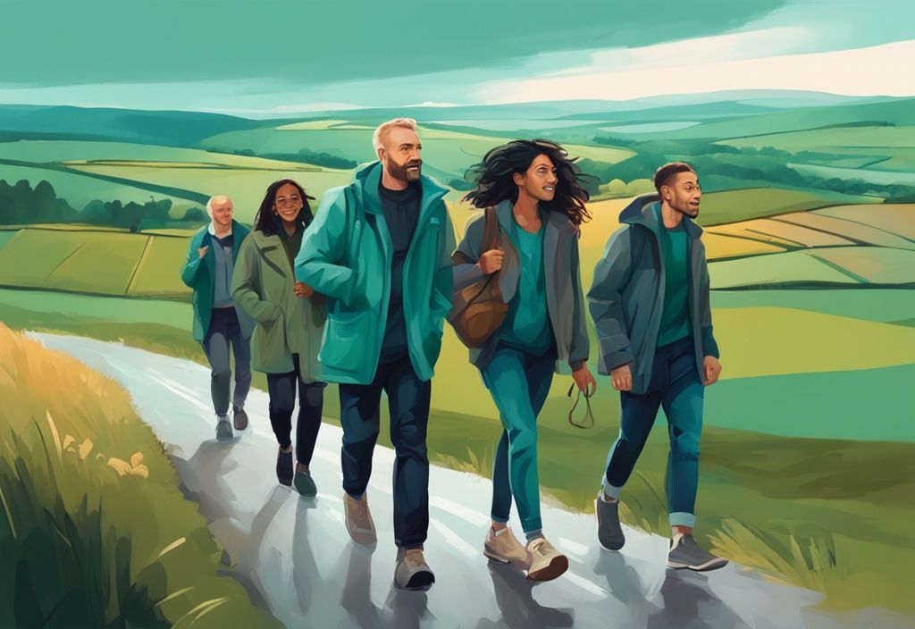 Ilustración digital moderna con tema principal en color teal, mostrando un grupo diverso de personas paseando por el paisaje escénico de la campiña irlandesa, vestidas con chaquetas ligeras, jeans cómodos, tops en capas y zapatos impermeables.