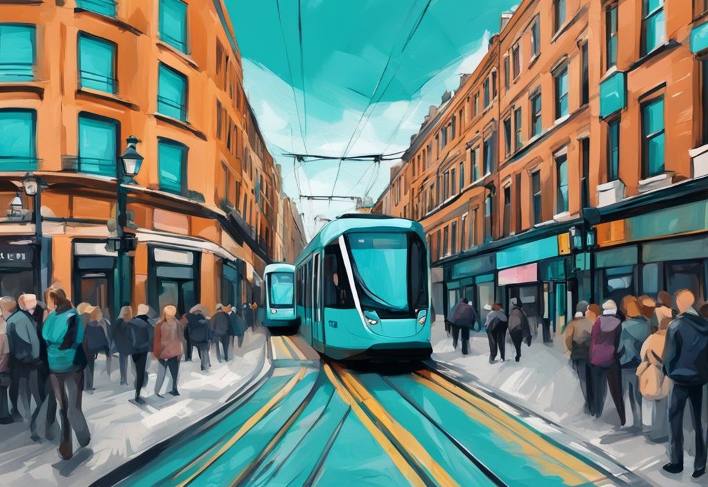 Ilustración digital moderna de transporte en Dublín con tranvía Luas pasando por calles concurridas y famosos monumentos bajo un cielo azul brillante.