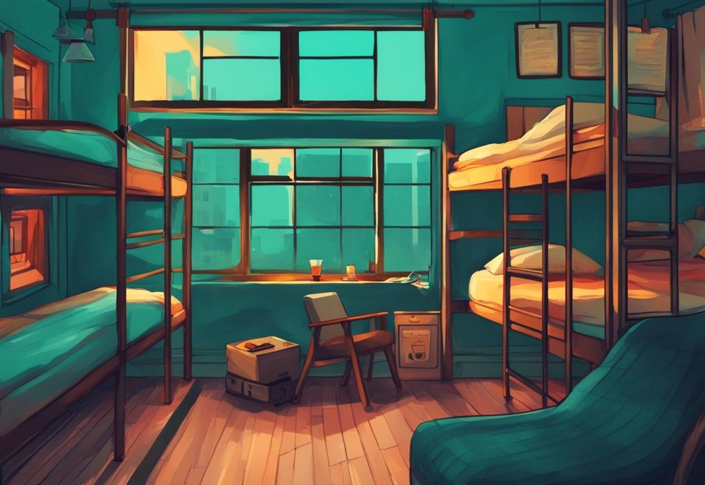 Ilustración digital moderna de una habitación de hostal acogedora y económica en Dublín, con literas, comodidades compartidas y una animada área común llena de viajeros, predominando el color teal.