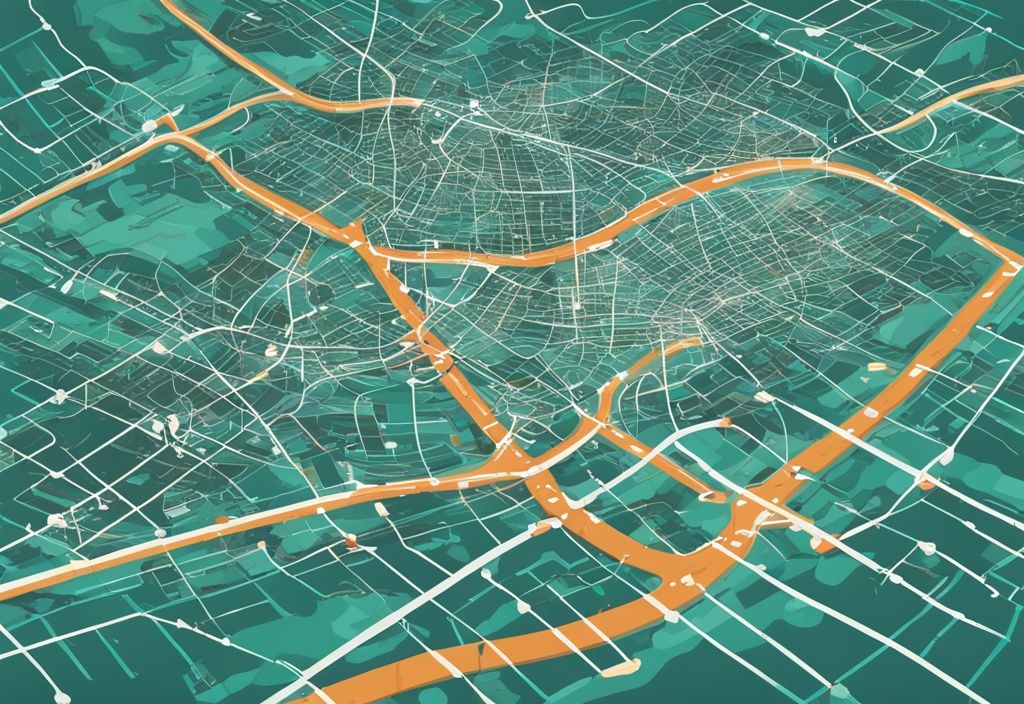 Ilustración digital moderna de un mapa hipotético del metro de Dublín con líneas punteadas y estaciones, en tonos de color teal.