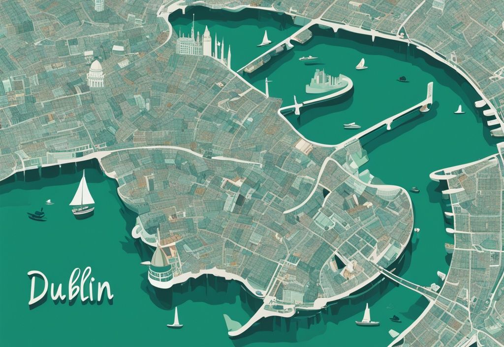 Ilustración digital moderna en color teal con un mapa vibrante de Dublín y símbolos irlandeses destacados.