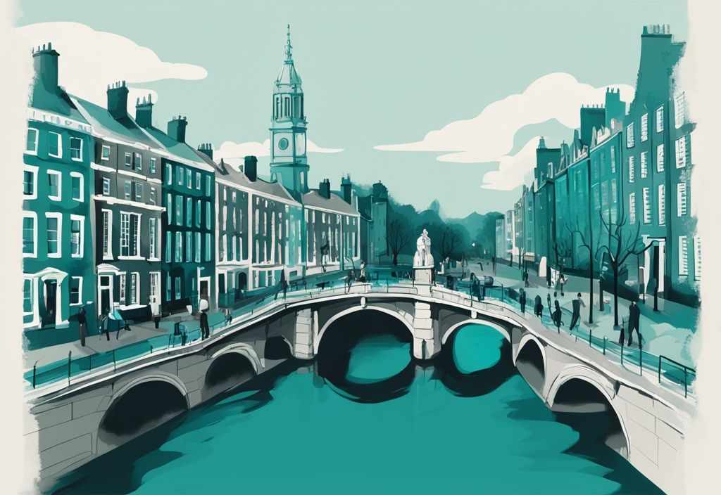 Ilustración digital moderna en color teal con edificios de academias ingles Dublin y monumentos icónicos como el Puente Ha'Penny y el Trinity College.