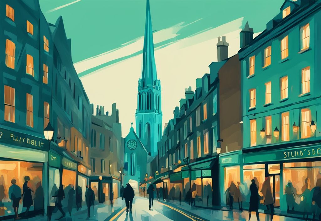 Ilustración digital moderna en tonos teal con atracciones emblemáticas de Dublín como el Spire, el distrito de Temple Bar y la Catedral de San Patricio, mostrando la animada vida callejera; ideal para quienes buscan qué ver en Dublín.