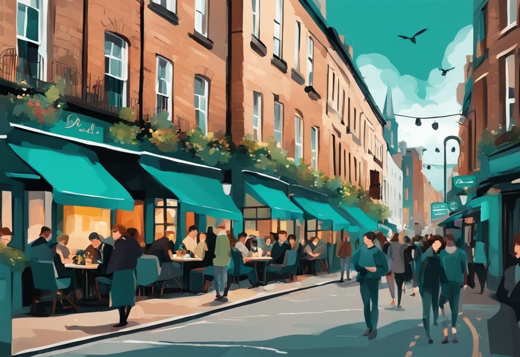 Ilustración digital moderna de una calle concurrida de Dublín con restaurantes y cafés encantadores, personas disfrutando de sus comidas, con un tema de color principal en tonos de teal.