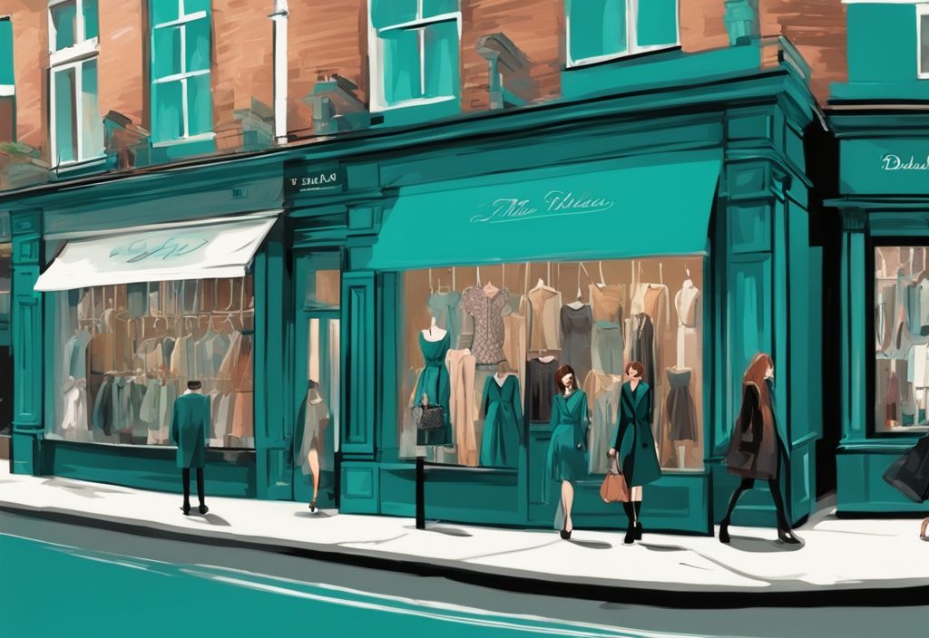 Ilustración digital moderna de una calle concurrida en Dublín, Irlanda, con tiendas de ropa en Dublín Irlanda, mostrando elegantes escaparates, en tonos de color teal.